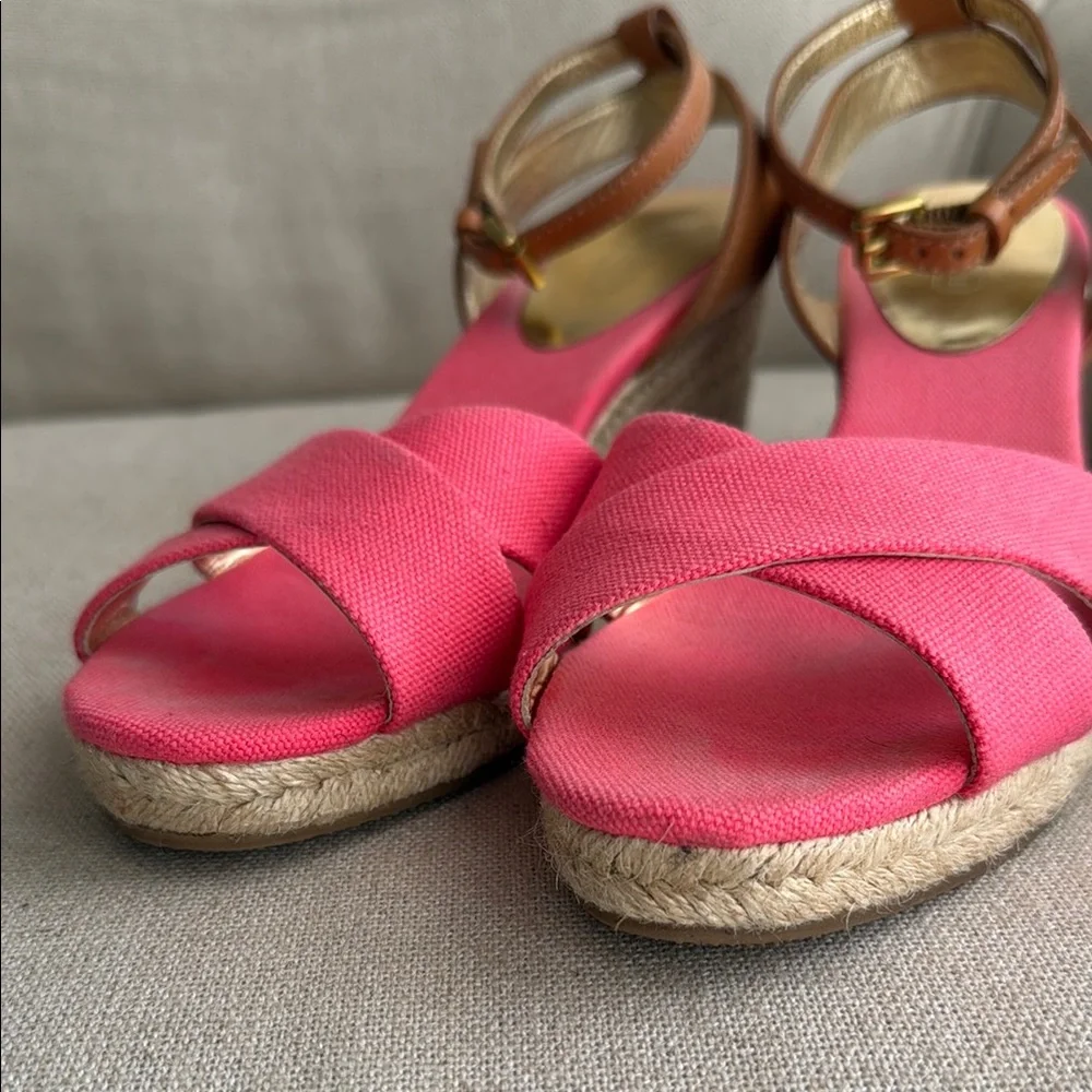 Coach Pink and Brown Wedge‎ Sandals with Ankle Strap